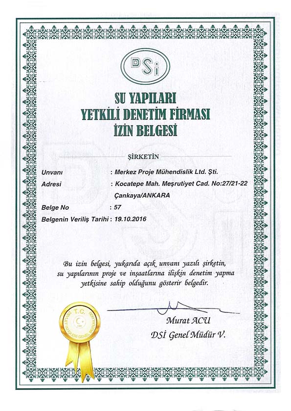 Su Yapıları Yetkili Denetim Firması İzin Belgesi